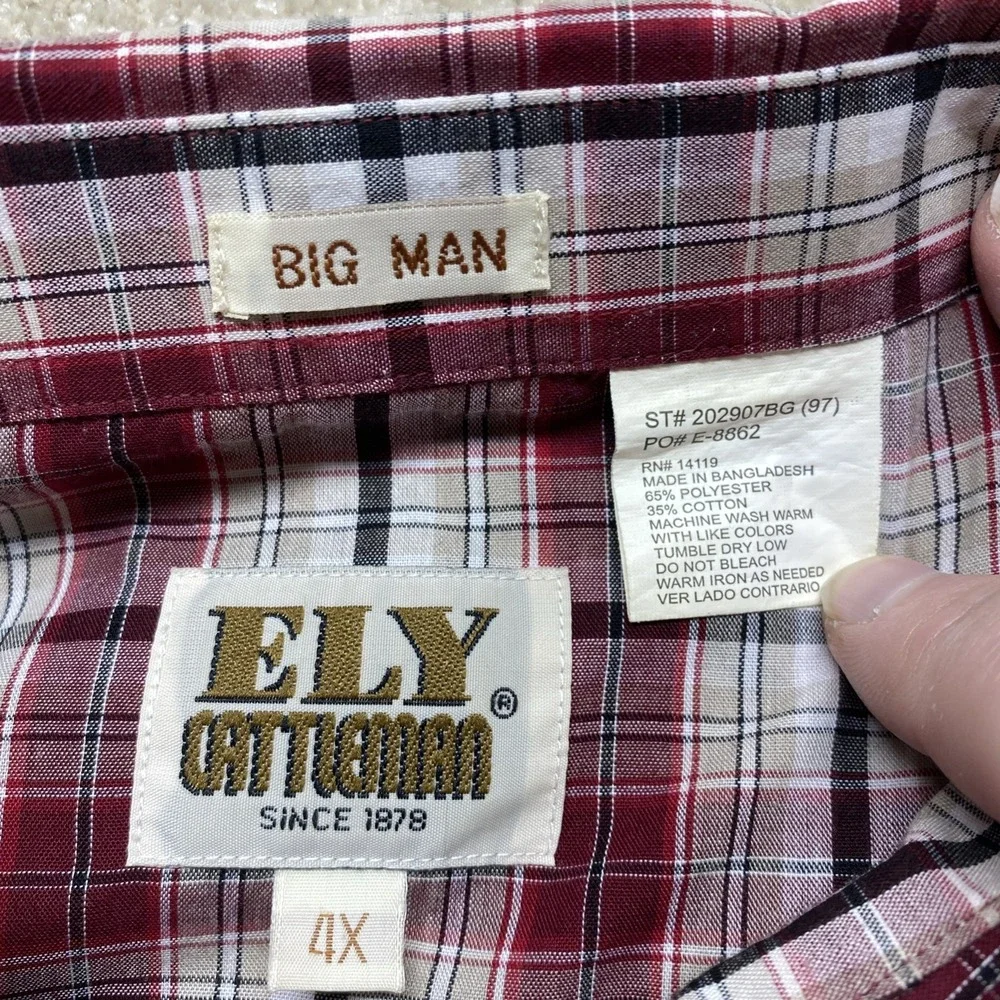 Ely Cattleman Western Shirt Mens 4X Burgundy Plaid Pearl Snap Big Man 202907BG